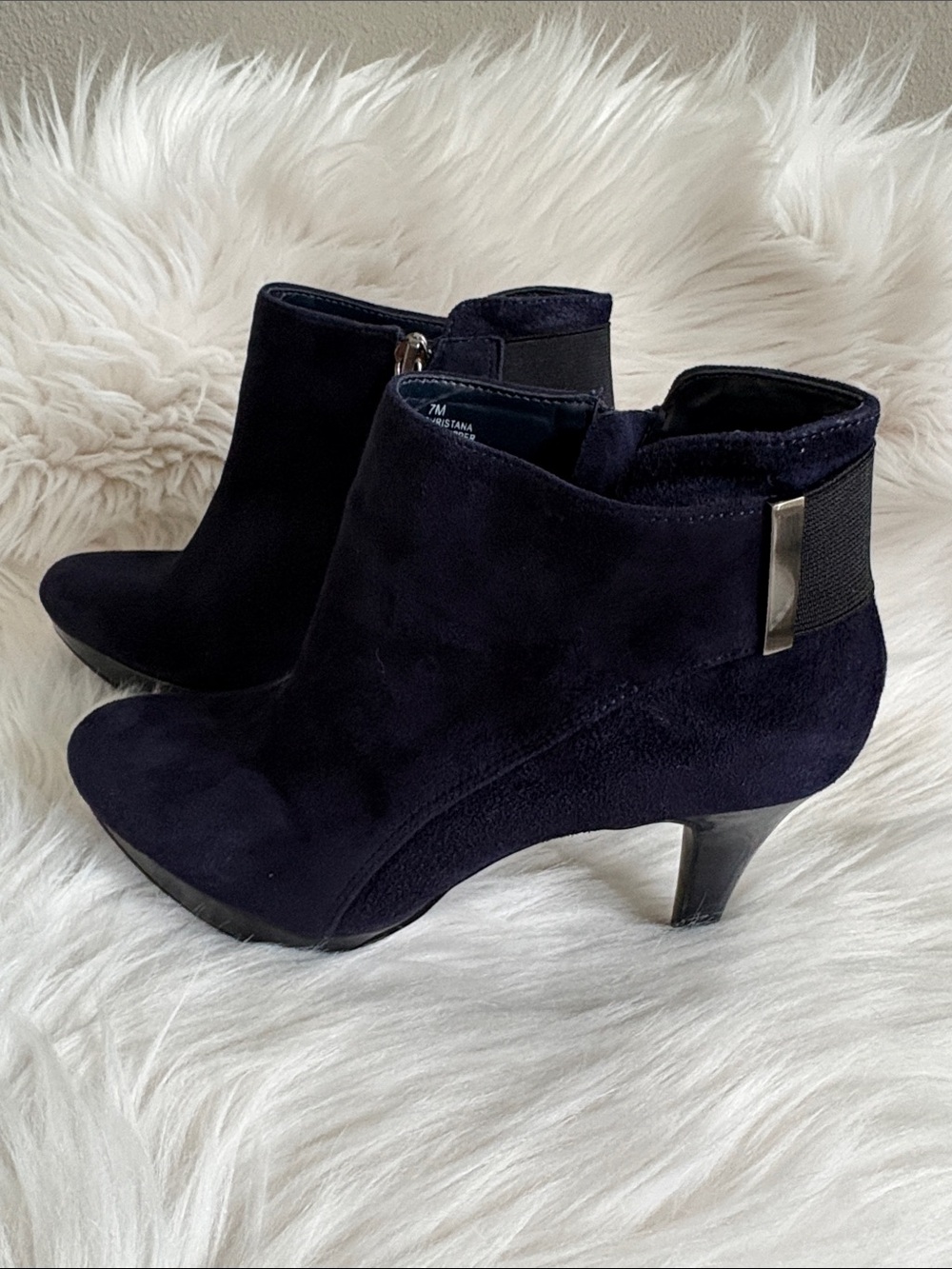Bandolino Navy Suede Ankle Booties with Side Zip - Picture 3 of 16